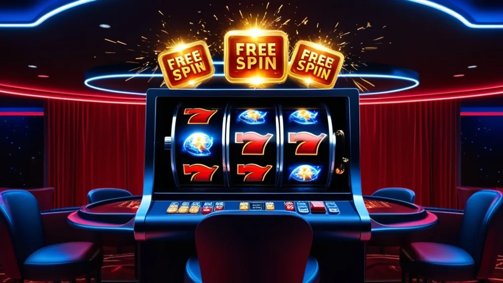 Slotmaschine mit leuchtenden Freispiel-Symbolen im dunklen Casino