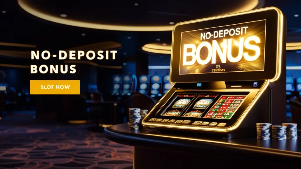 Neonbeleuchteter Casino-Bereich mit No-Deposit-Bonus-Anzeige und Slotmaschine