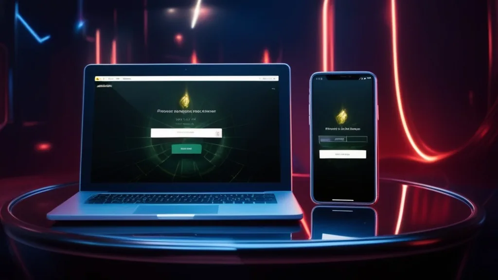 Laptop und Smartphone mit sicherem Login-Bildschirm im Casino-Look