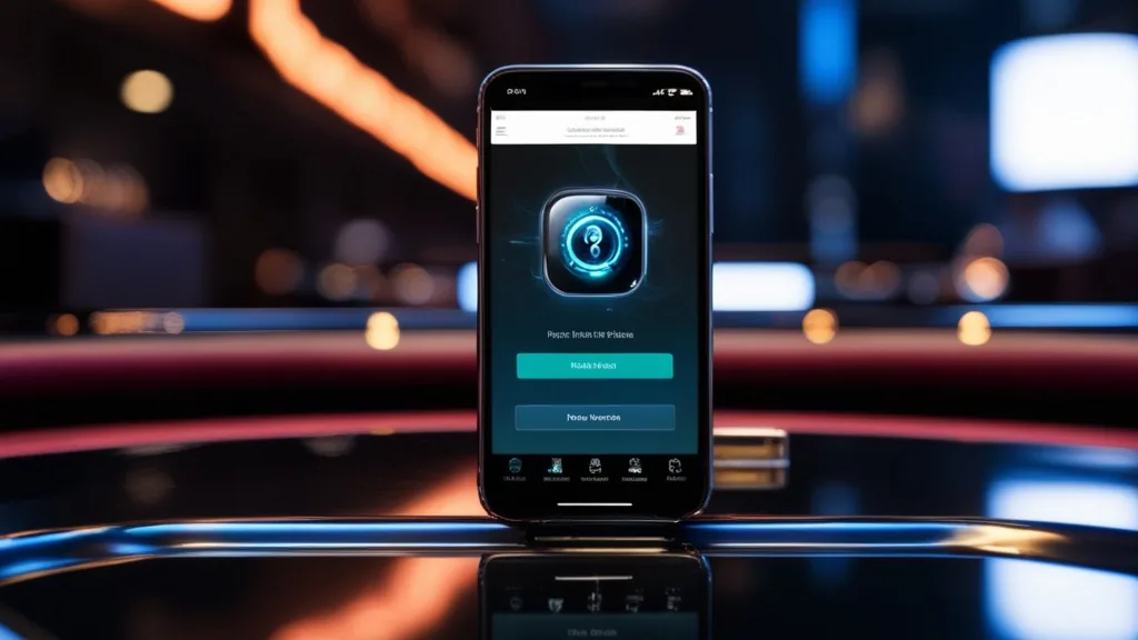 Smartphone mit Installationsbildschirm in einer dunklen Casino-Atmosphäre