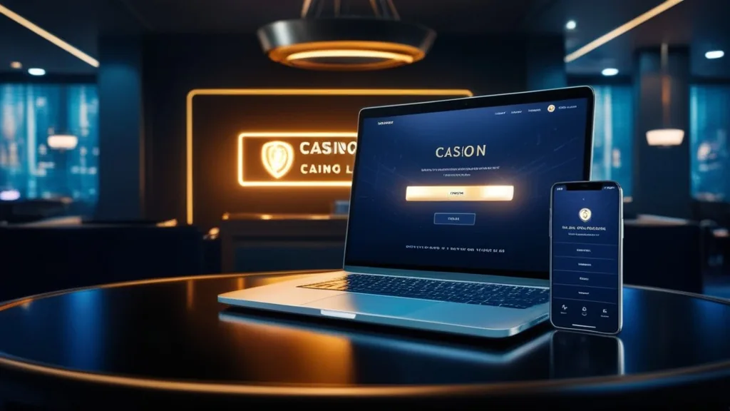 Dunkle Casino-Lobby mit Login-Feld auf Laptop und Smartphone
