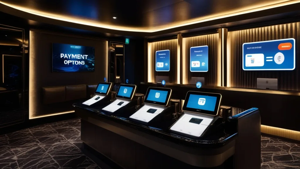 Dunkle Casino-Szene mit Karten, Wallet-Icons und Zahlungs-Terminal