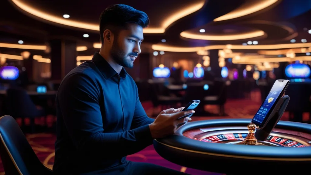 Person nutzt die Nvcasino App im Alltag auf dem Smartphone