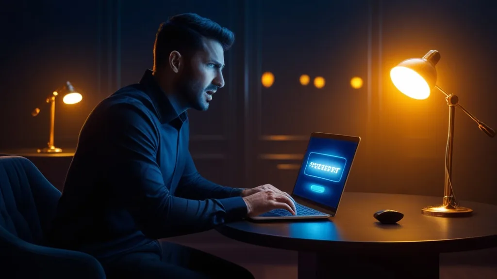 Person am Laptop mit Passwort-Reset im dunklen Casino-Ambiente