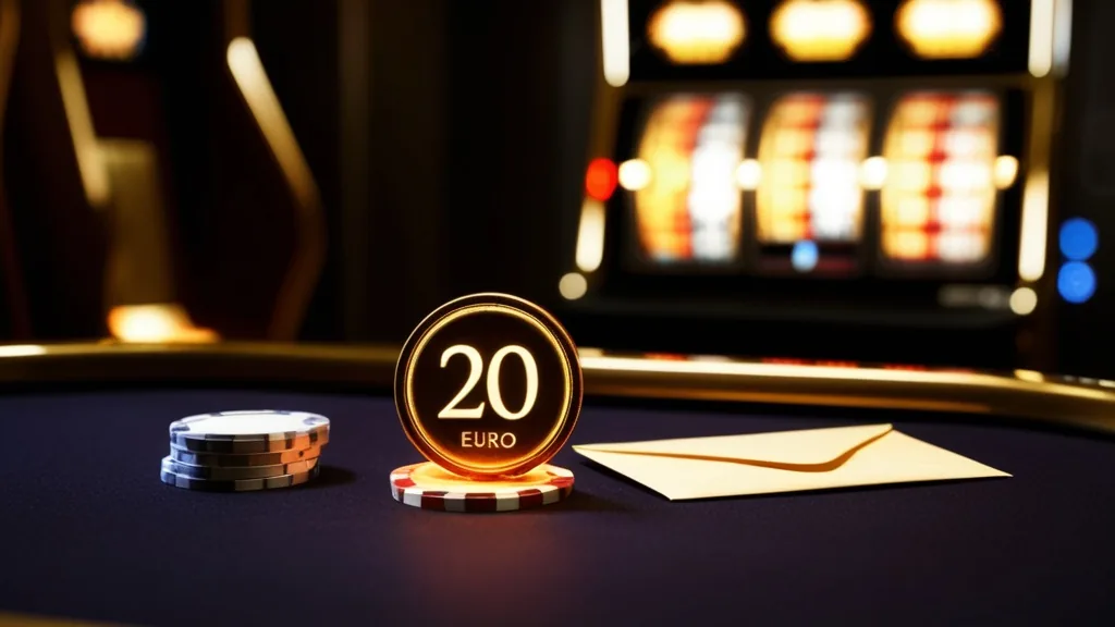 20-Euro-Bonus dargestellt mit Chip und Slotmaschine im dunklen Casino